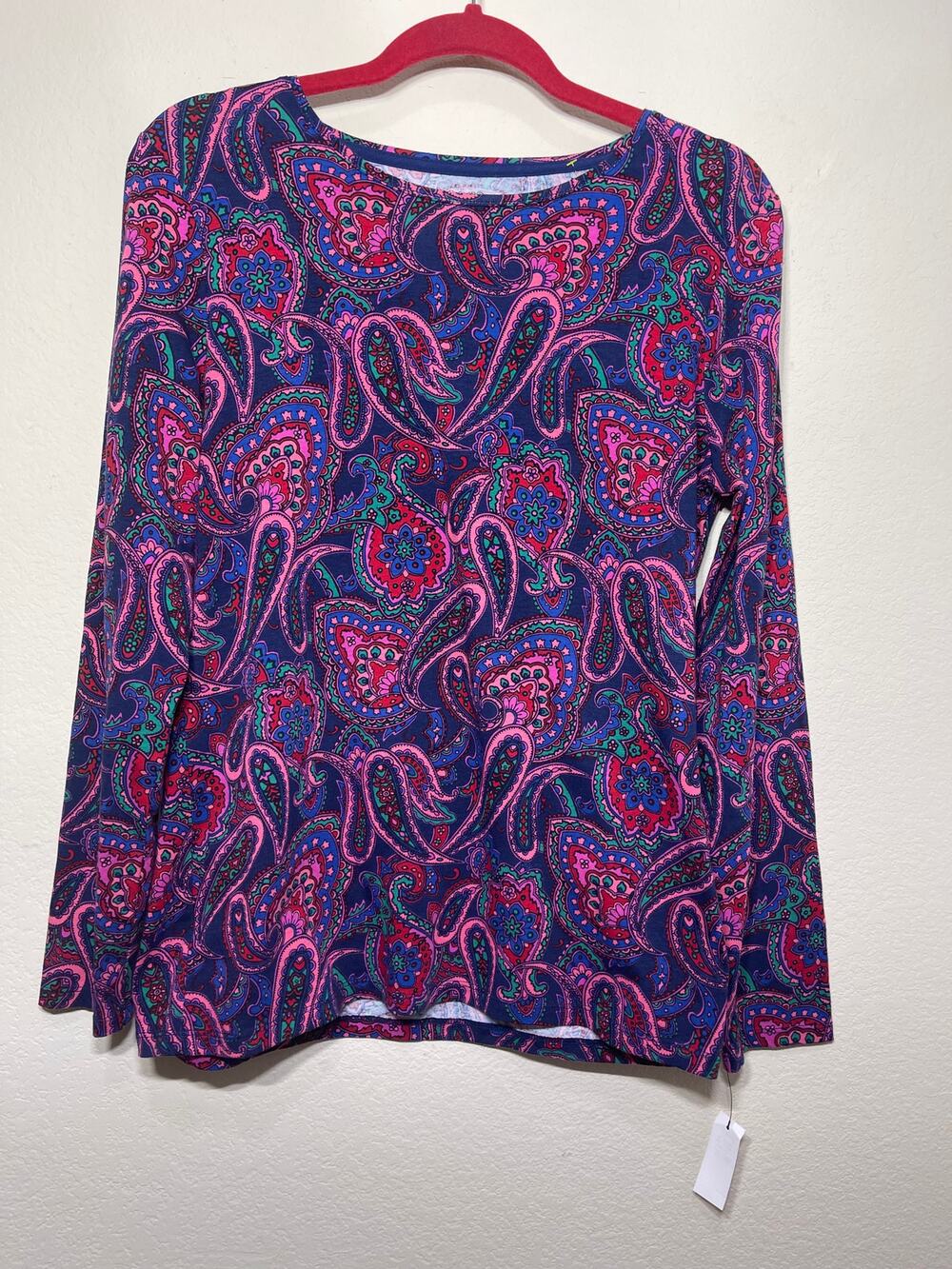 Talbots Paisley Print Long Sleeve Top Women’s M Navy Pink Teal Stretch Knit